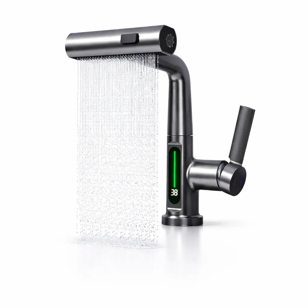 Mitigeur Robinet cascade LED avec affichage digital de température 38°C, finition acier brossé