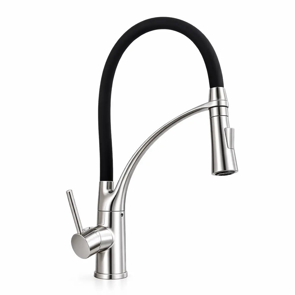 Mitigeur Robinet de cuisine mitigeur chromé avec bec flexible noir et douchette extractible