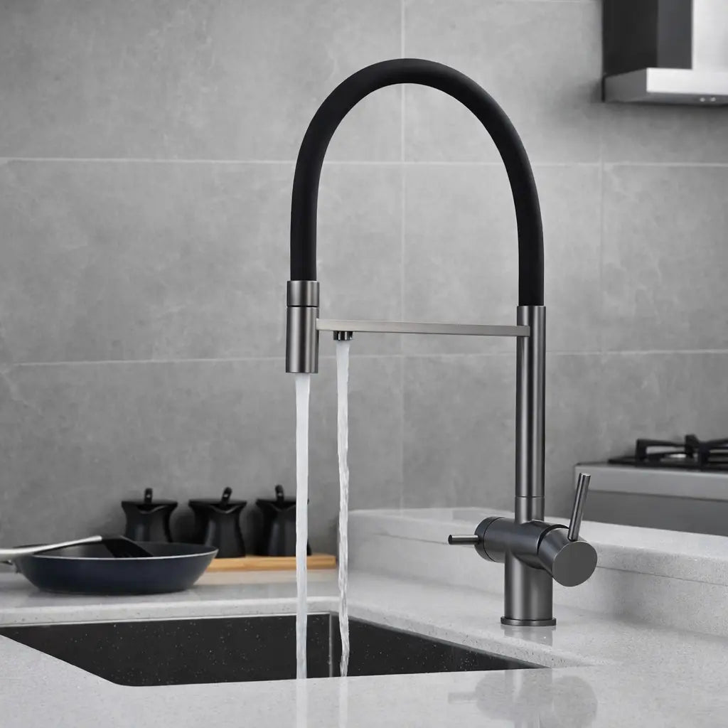 Mitigeur robinet de cuisine flexible en acier inoxydable brossé avec double sortie d’eau