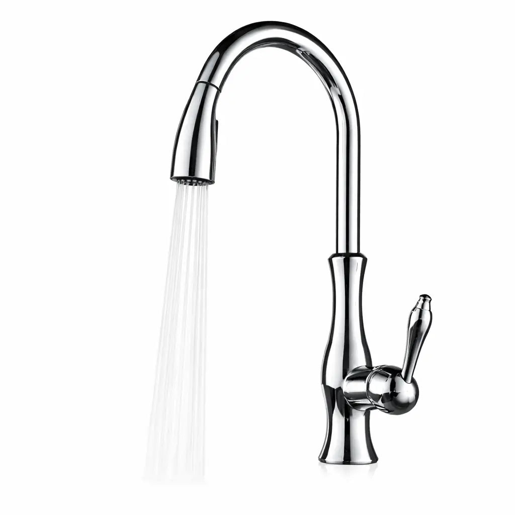 Robinet de cuisine avec douchette extractible finition chrome brillant et bec haut incurvé