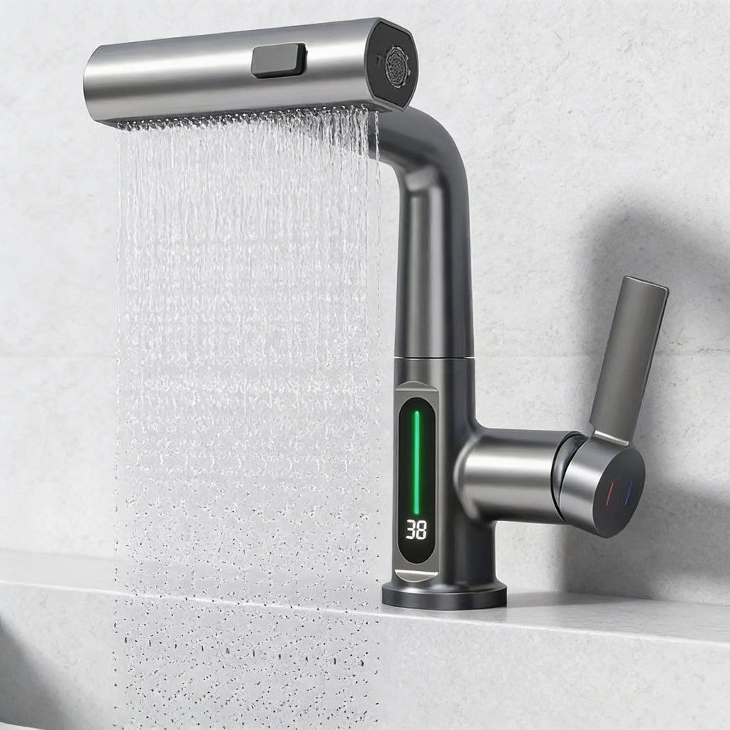Mitigieur Robinet de cuisine cascade inox brossé avec écran LED température intégré