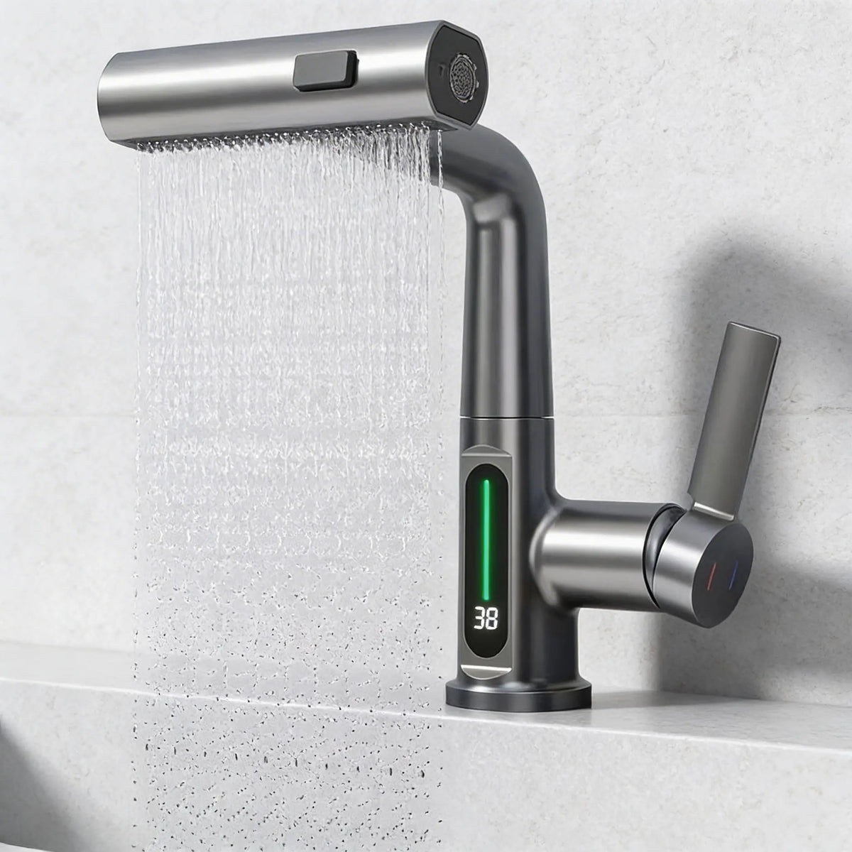 Mitigieur Robinet de cuisine cascade inox brossé avec écran LED température intégré