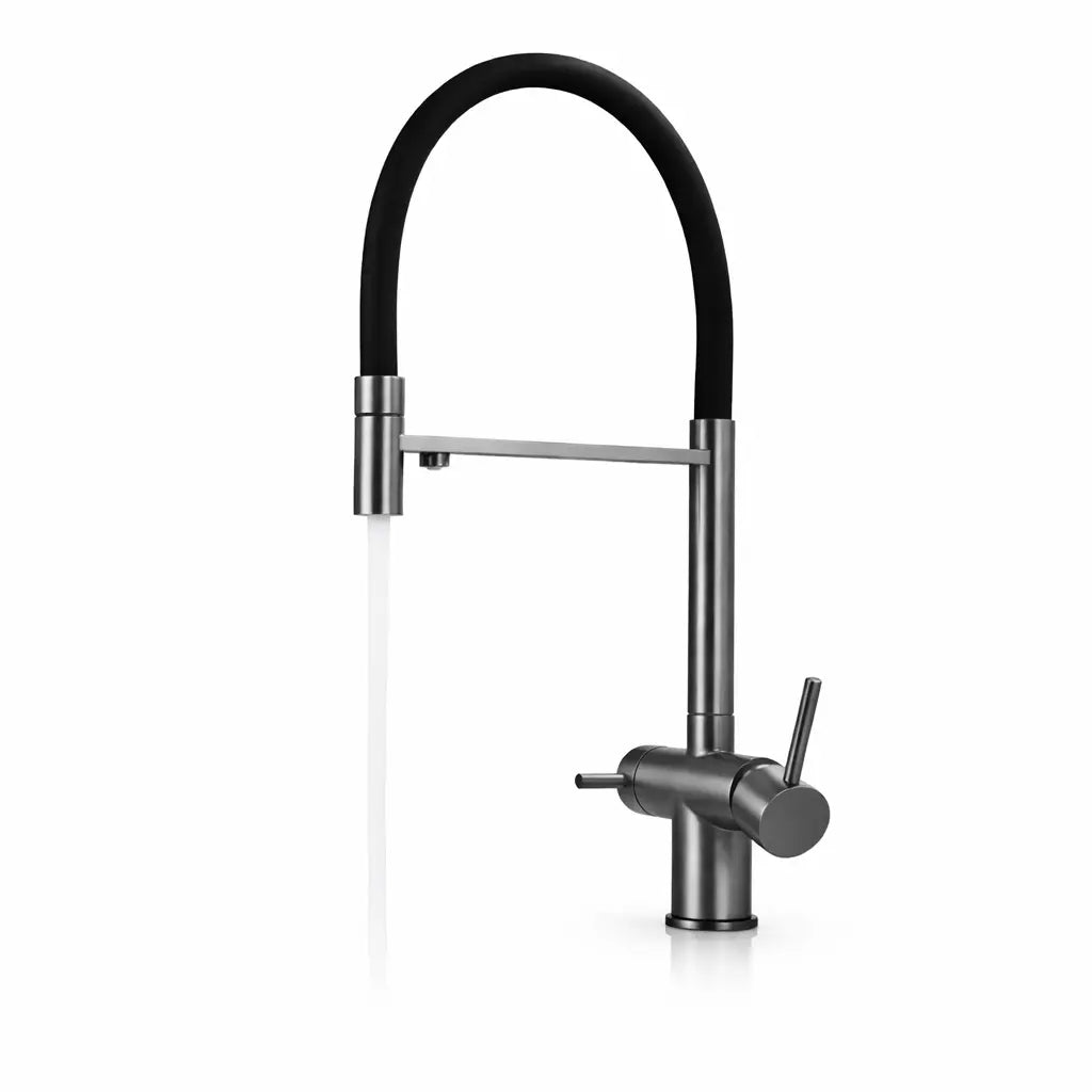 Mitigeur robinet de cuisine flexible gris mat avec double sortie d’eau