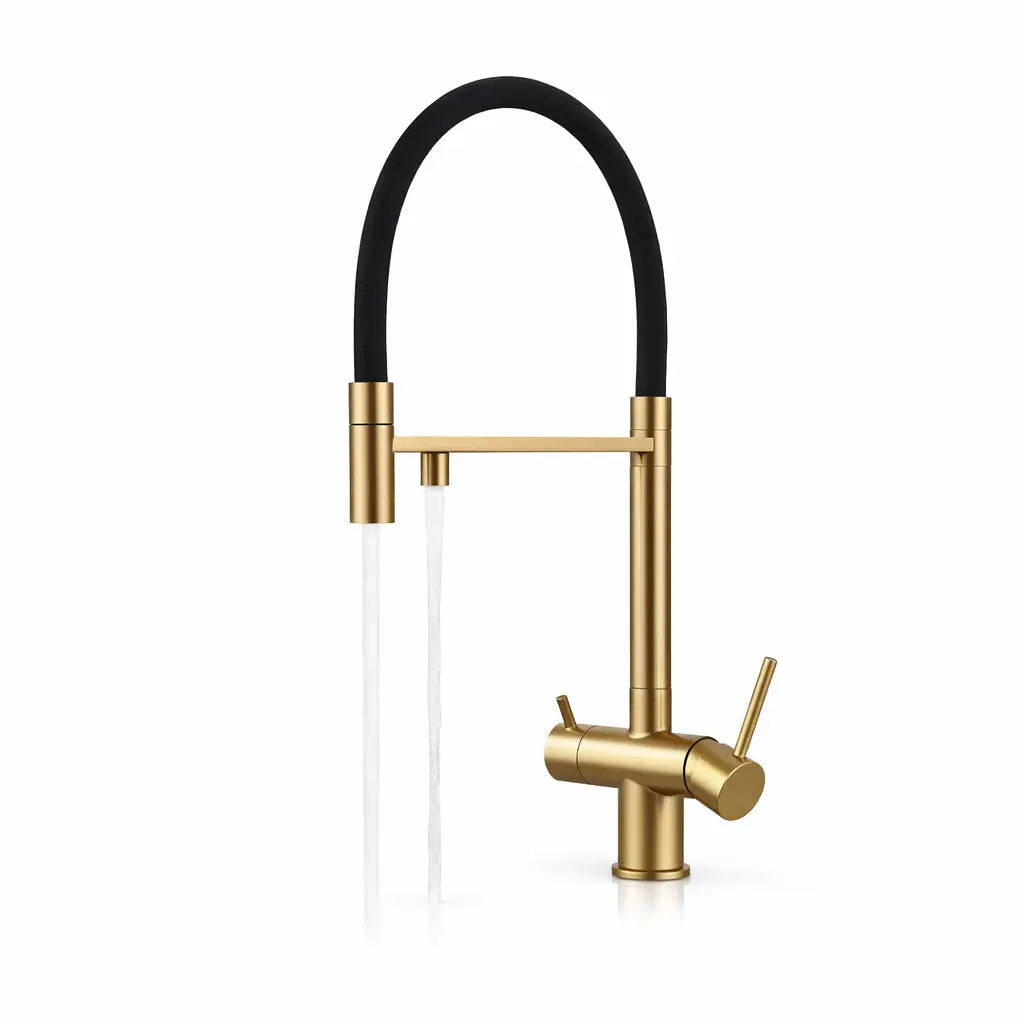 Mitigeur robinet de cuisine flexible doré avec double sortie d’eau