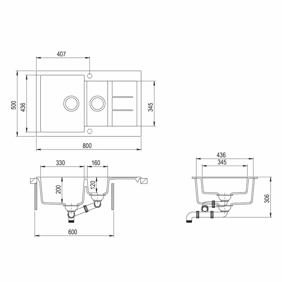 dimensions Évier de Cuisine en Granit Composite Double Bac avec Égouttoir Réversible