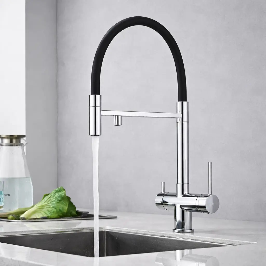 Mitigeur robinet de cuisine flexible chromé avec double jet d’eau