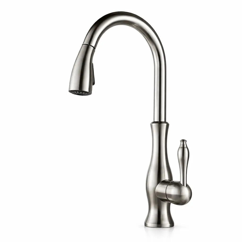 Mitigeur cuisine avec douchette extractible finition acier brossé et bec col de cygne