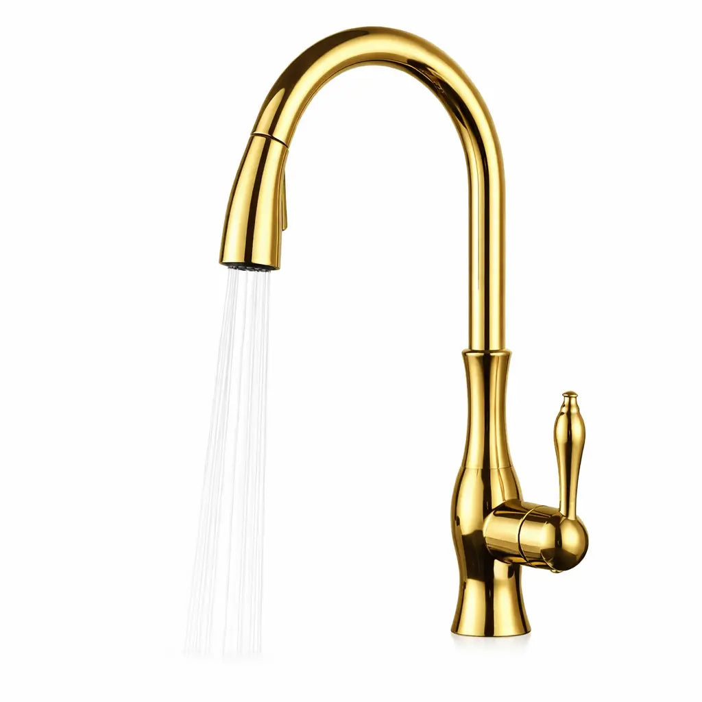 Robinet mitigeur cuisine doré avec douchette extractible et bec haut arrondi