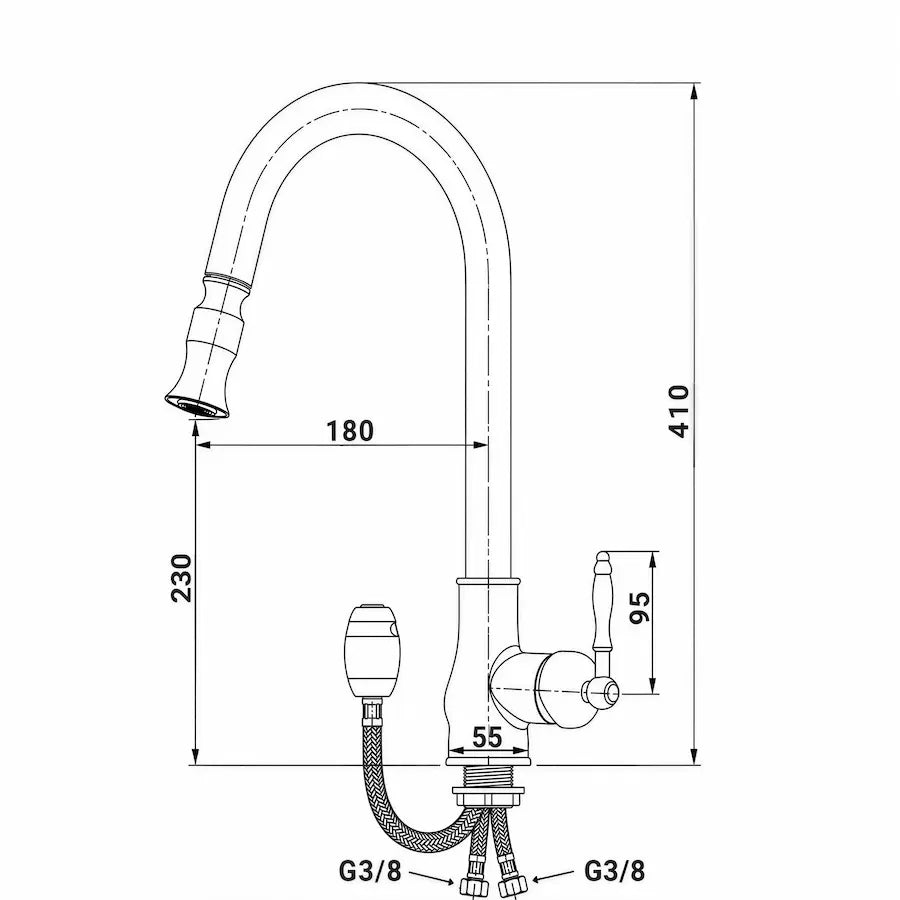 dimensions Robinet de Cuisine Vintage avec Douchette en Laiton