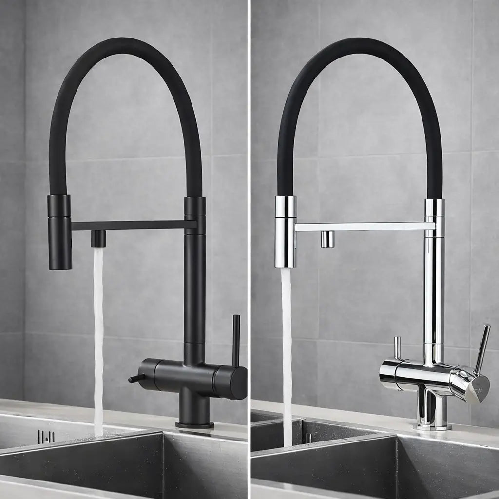 Mitigeur robinet de cuisine flexible double sortie d’eau en finition noir mat et chromé