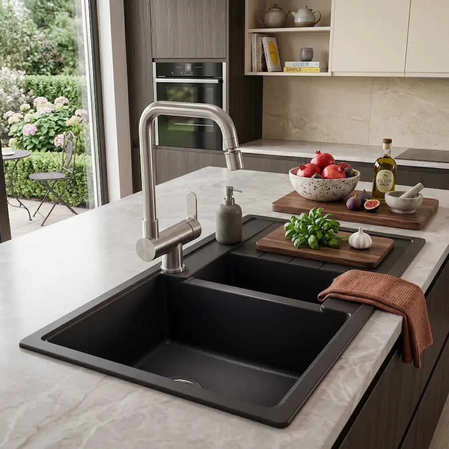 Robinet de Cuisine en Inox avec Bec Escamotable couleur nickel brossé évier moderne