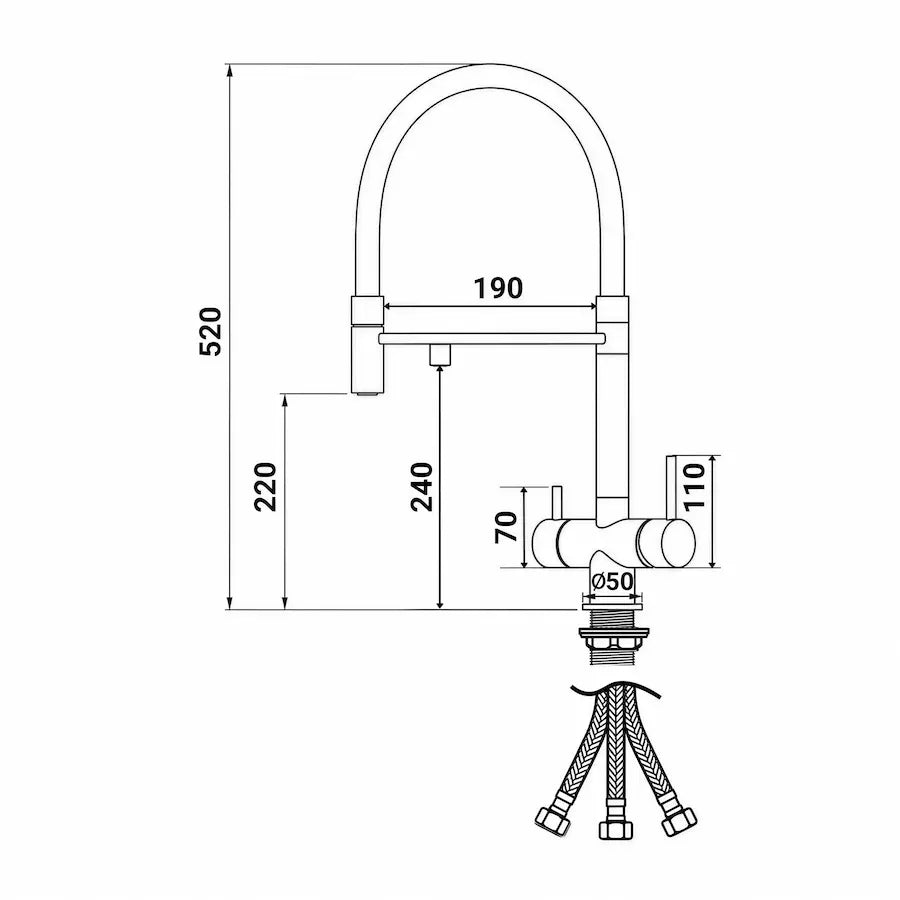 dimensions Robinet de Cuisine 3 Voies en Laiton avec Double Bec