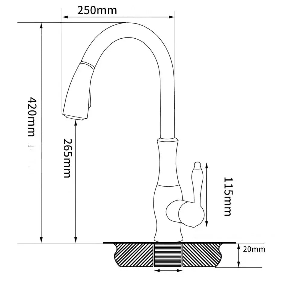 Schéma technique robinet cuisine avec dimensions 420 mm hauteur et 250 mm profondeur