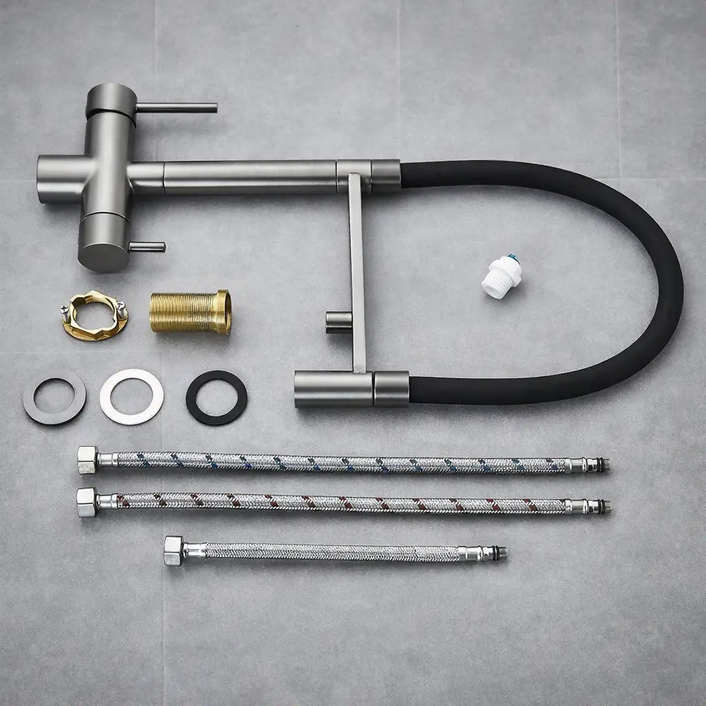 Kit mitigeur robinet de cuisine flexible avec tuyaux de raccordement et accessoires d’installation