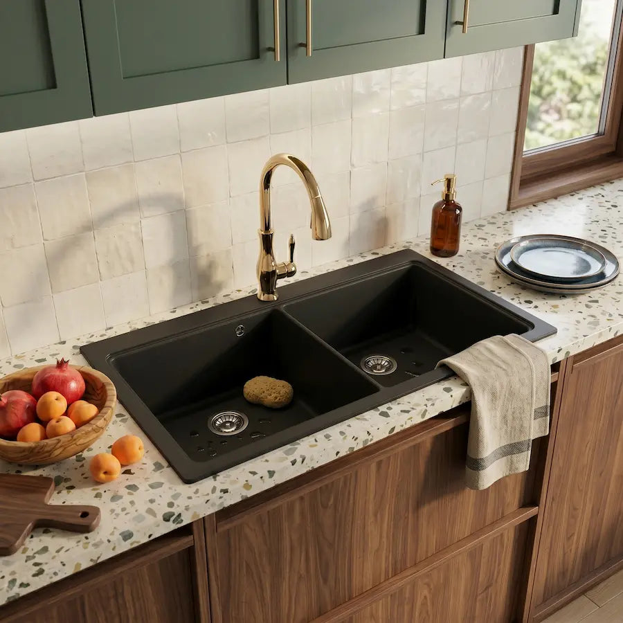 Évier de Cuisine en Granit Composite Double Bac couleur noir cuisine moderne