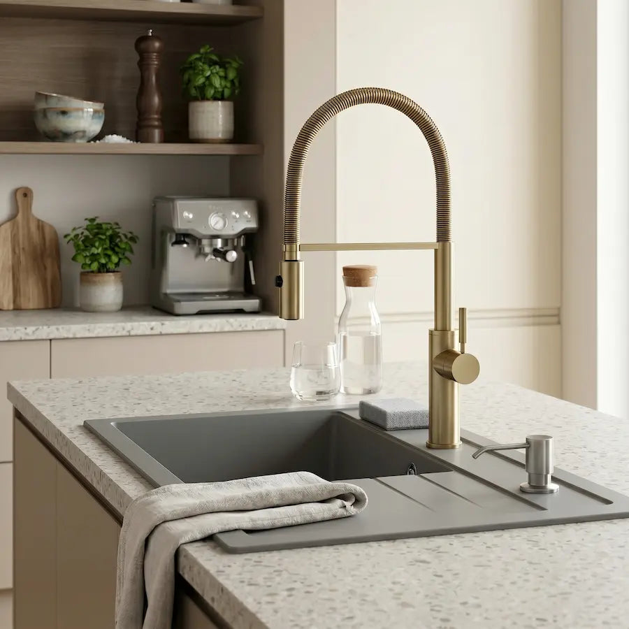Robinet de Cuisine avec Douchette en Laiton Design Contemporain couleur or évier