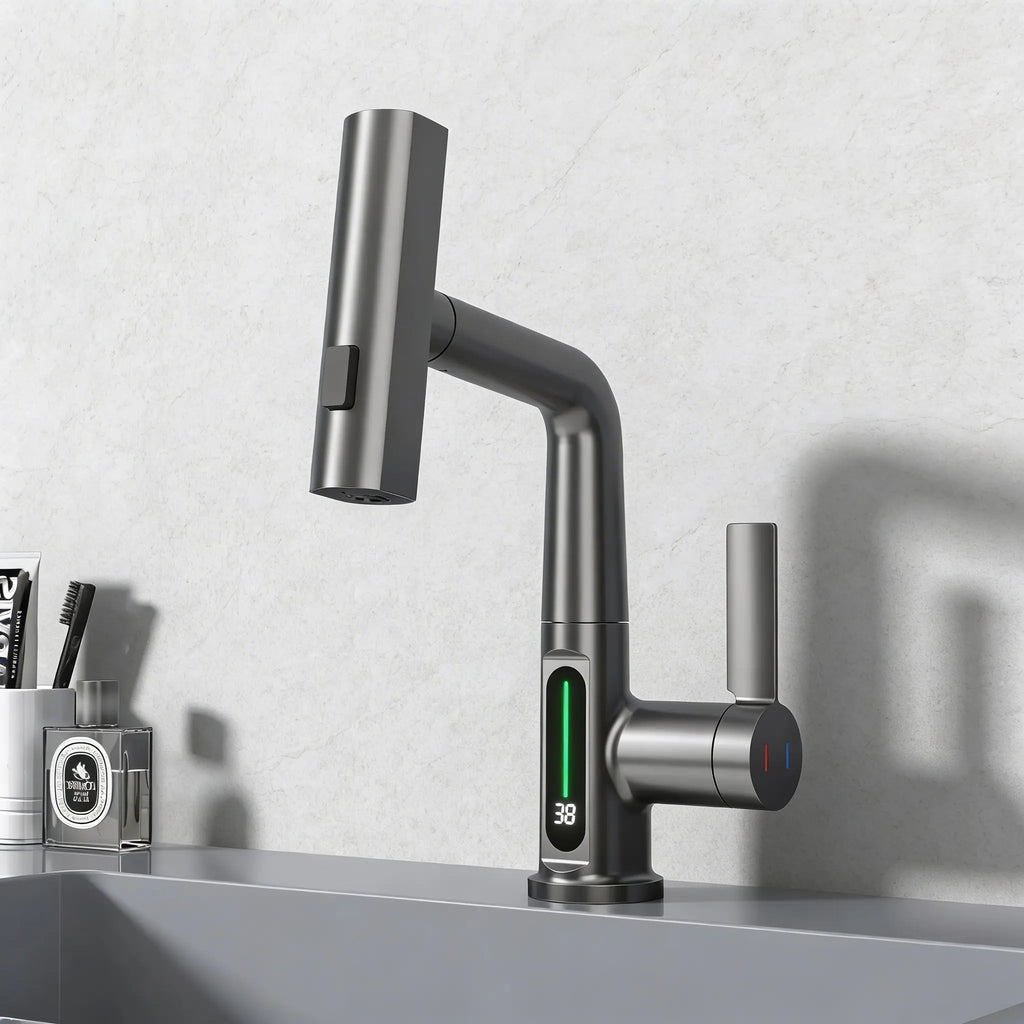 Mitigeur Robinet cascade design inox brossé avec écran LED température 38°C