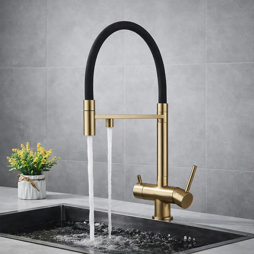 Mitigeur robinet de cuisine flexible doré avec double sortie d’eau pour évier