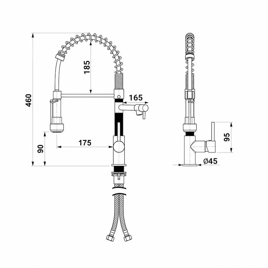 dimensions Robinet de Cuisine Design en Laiton avec Douchette