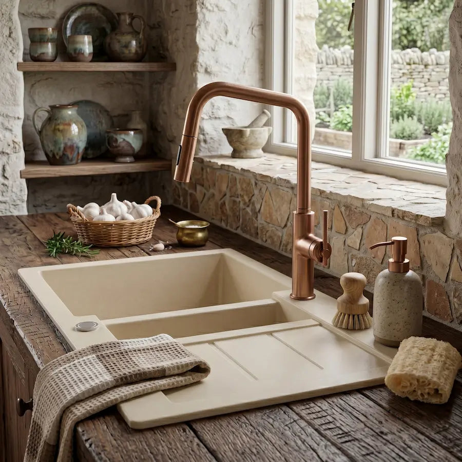 Robinet de Cuisine avec Douchette au Design Contemporain couleur rose évier