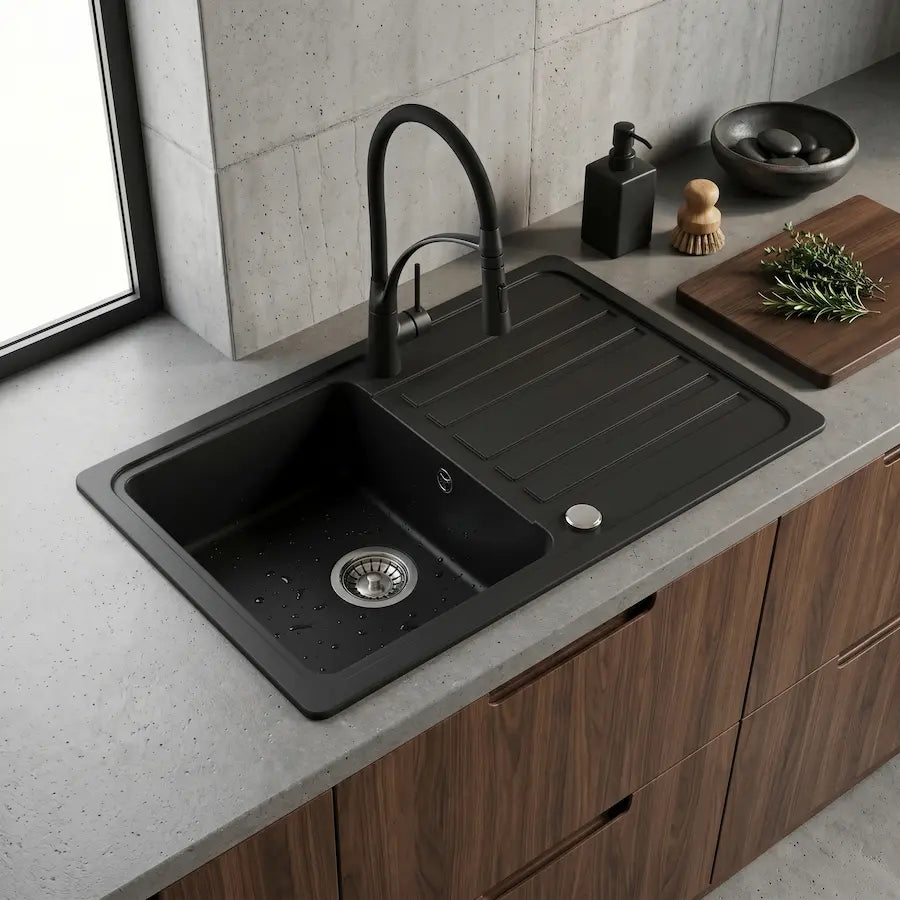 Évier de Cuisine en Granit Composite Bac Simple couleur noir cuisine moderne