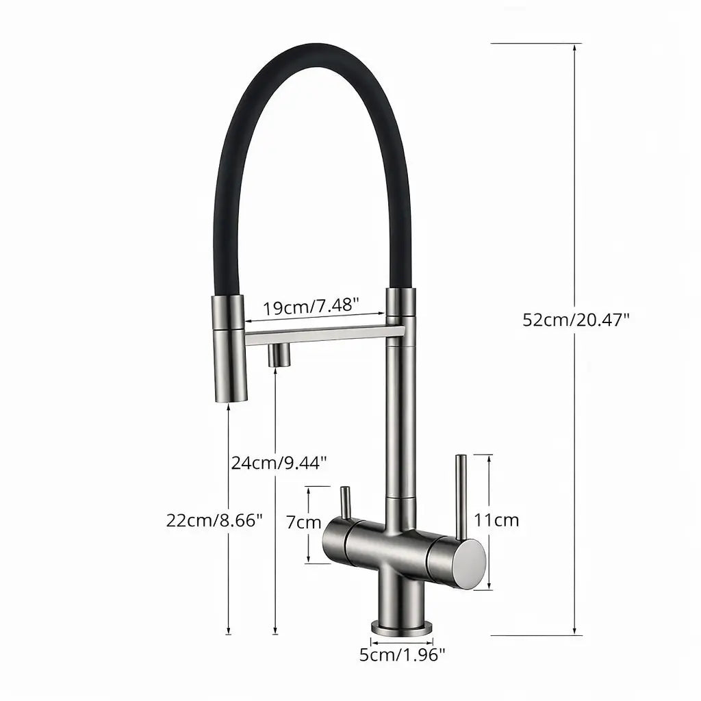 Mitigeur robinet de cuisine flexible avec double sortie d’eau et dimensions détaillées