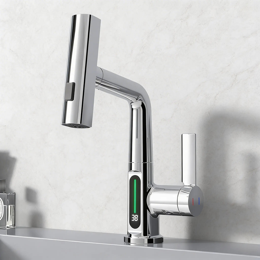 Mitigeur Robinet cascade chromé avec affichage digital LED et mitigeur eau chaude/froide