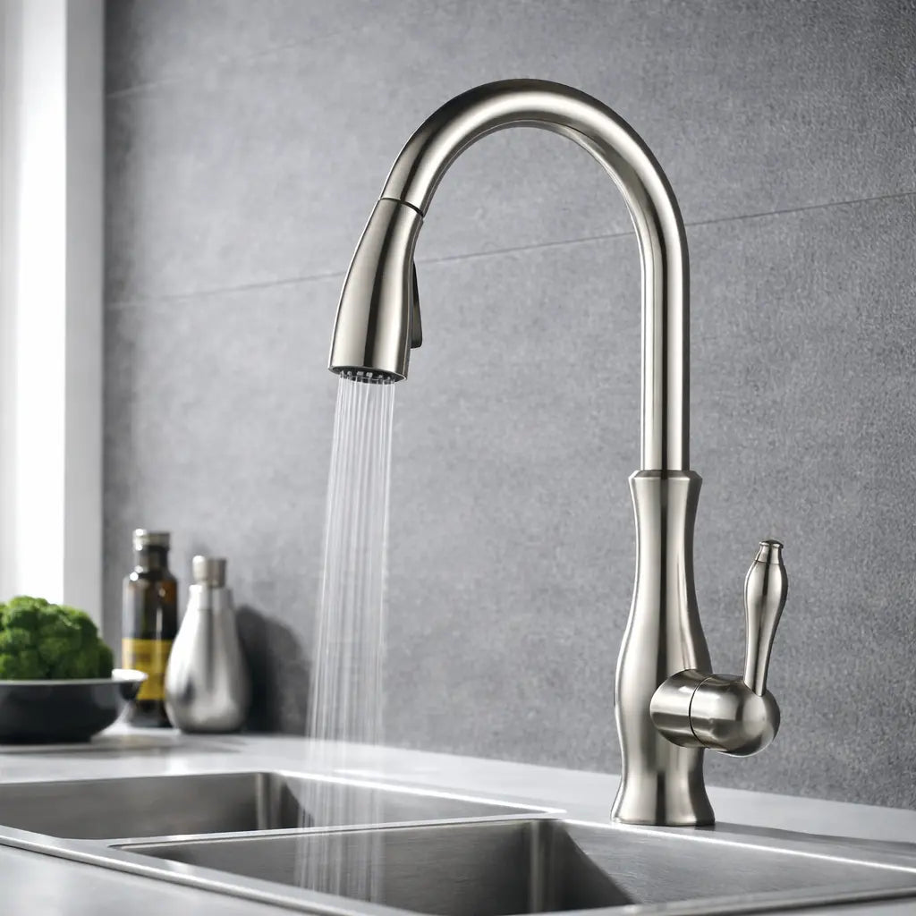 Mitigeur cuisine acier brossé avec douchette extractible installé sur double évier