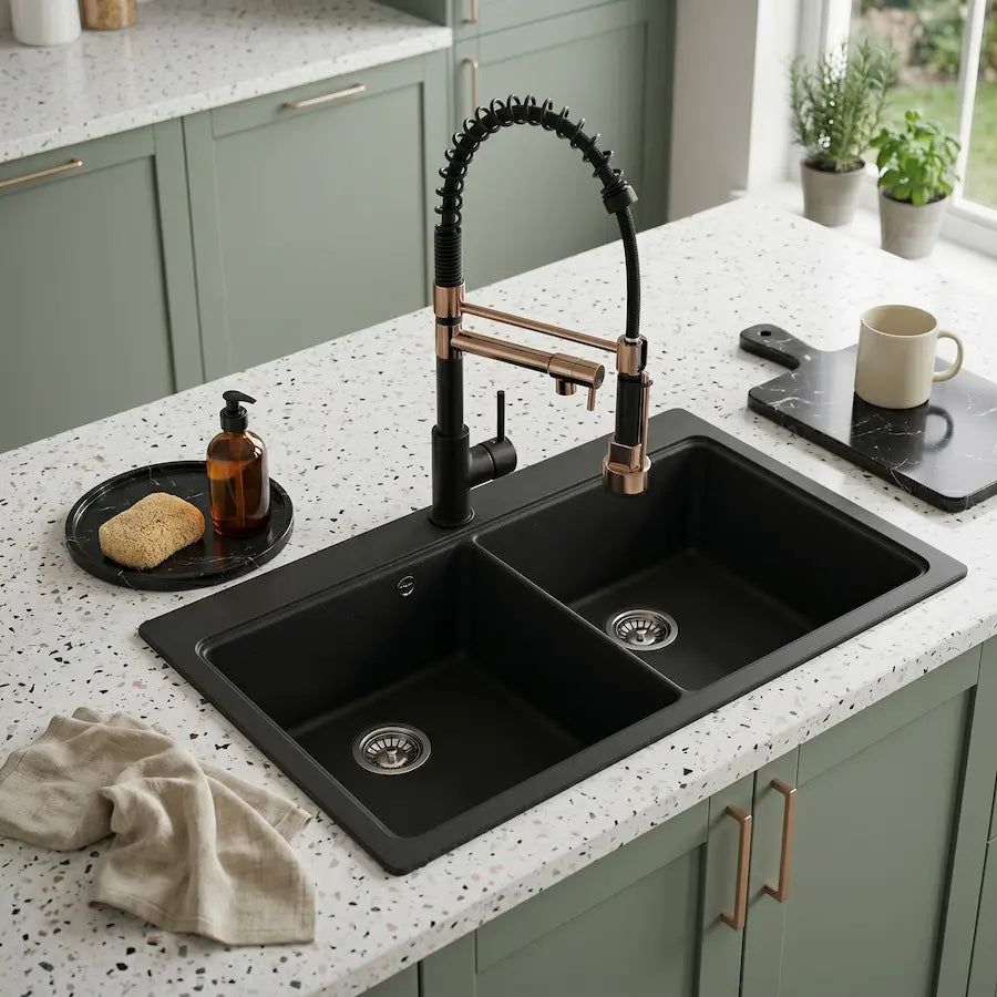 Robinet de Cuisine Design en Laiton avec Douchette couleur cuivre et noir évier