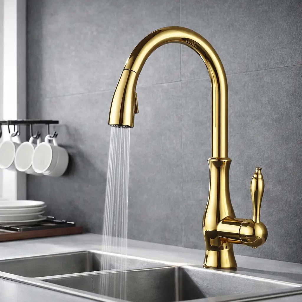 Robinet cuisine doré avec douchette extractible installé sur évier inox contemporain