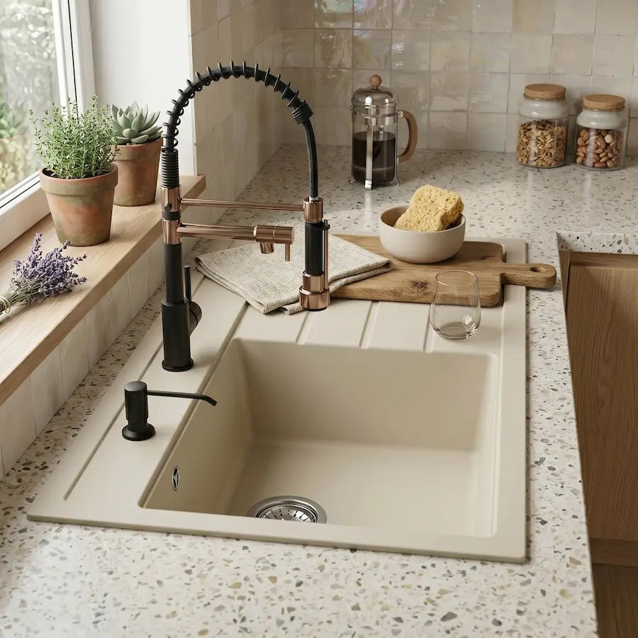 Robinet de Cuisine Design en Laiton avec Douchette couleur cuivre évier
