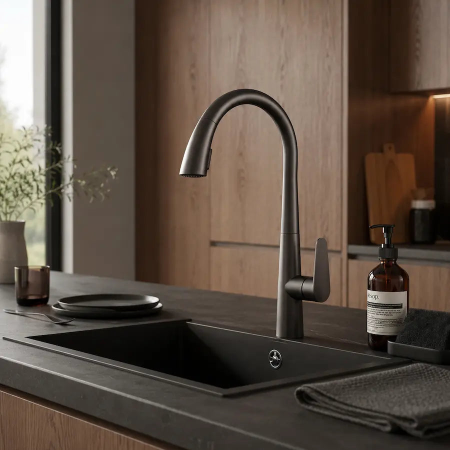 Robinet de Cuisine en Inox avec Douchette Extractible couleur gris sur évier